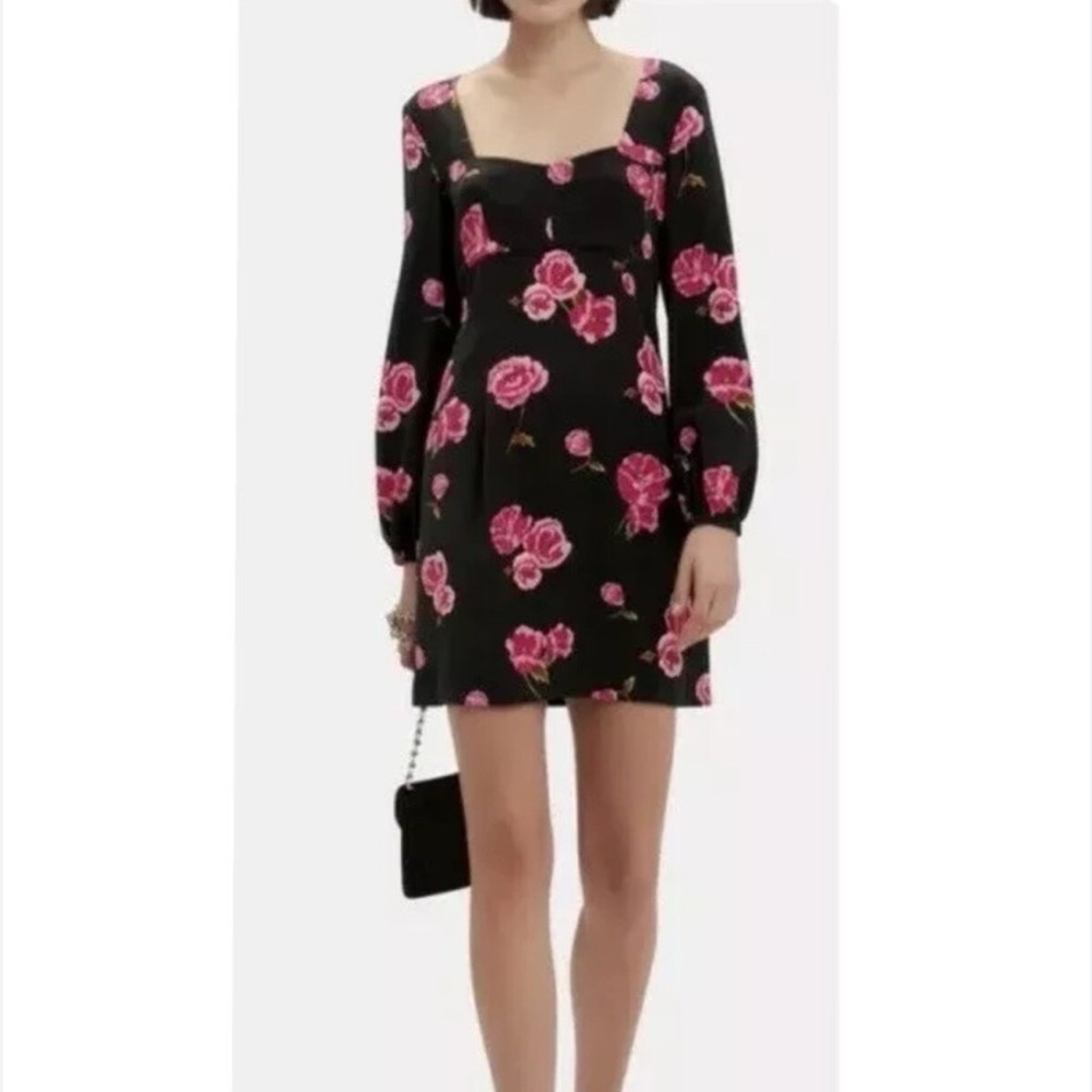 Intermix Black & Pink Floral Silk Shift Dress Sz 6 Office Chic